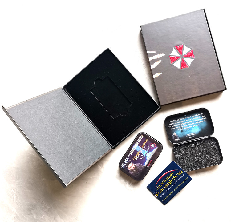 Customized USB disc or game cards rigid paper box and Tin Box with advertising material gift box set printing and packaging
